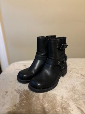 SOLD - Black Leather Harness Ankle Boots - Women